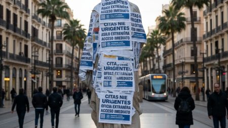 Illegaler Handel mit Extranjería-Terminen aufgedeckt Straßenszene in Palma mit Statue und Plakaten, die schnellen Zugang zu Ausländerbehörden-Terminen in Spanien anbieten