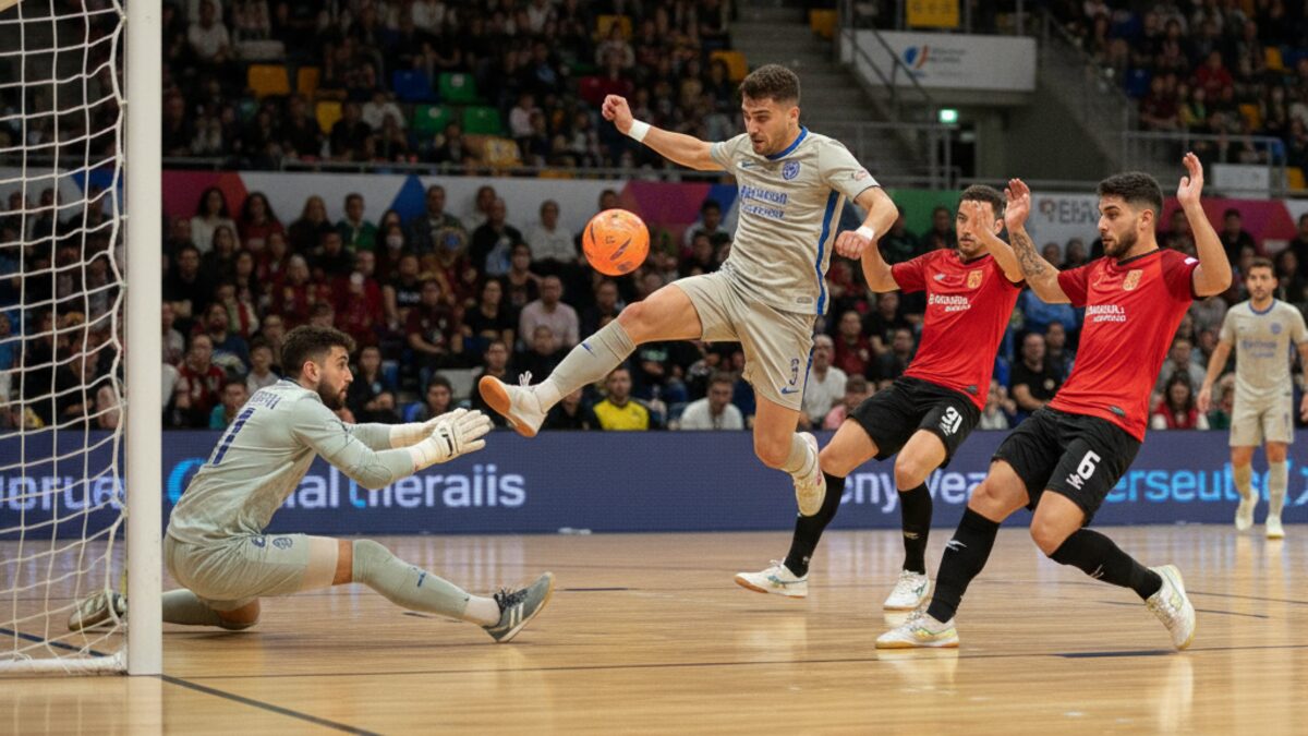 Intensive Futsal-Partie zwischen Illes Balears Palma Futsal und Osasuna Magna in der modernen Sporthalle von Pamplona