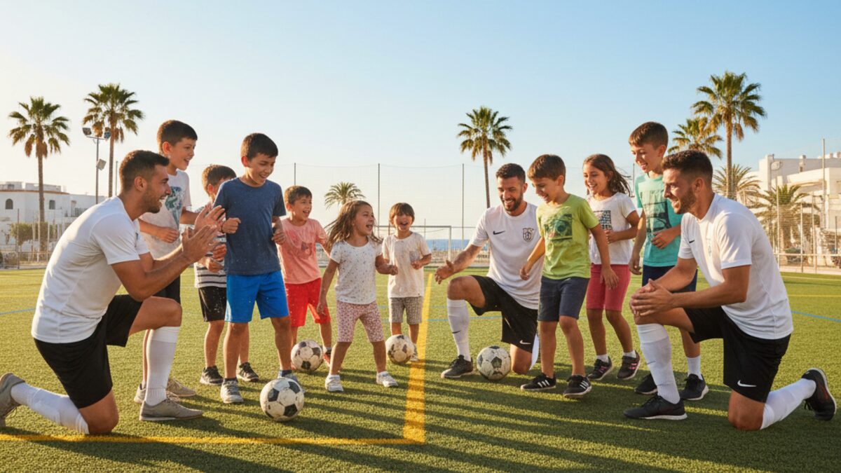 Kindern beim Futsal-Spiel auf Mallorca mit professionellen Spielern