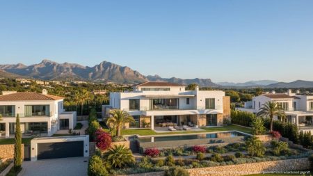 Immobilienagenturen auf Mallorca verteidigen Luxusverkäufe Luxuriöse Villen in einer eleganten Wohngegend auf Mallorca unter klarem blauem Himmel, symbolisieren den Immobilienmarkt der Balearen