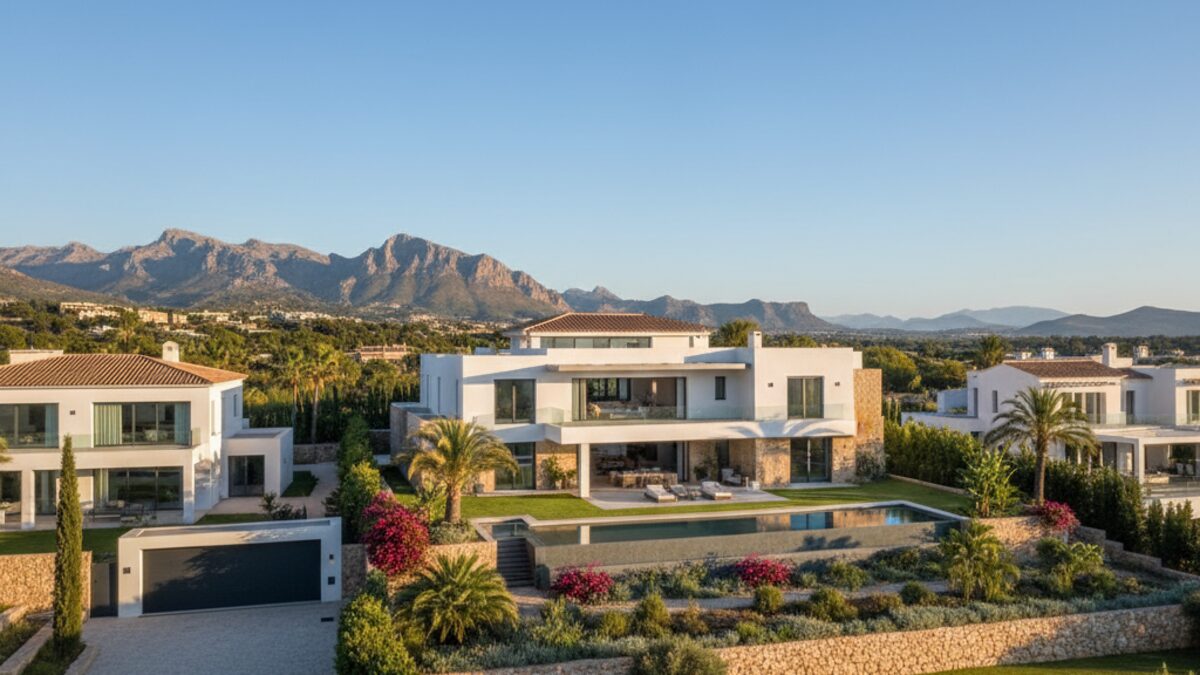 Luxuriöse Villen in einer eleganten Wohngegend auf Mallorca unter klarem blauem Himmel, symbolisieren den Immobilienmarkt der Balearen