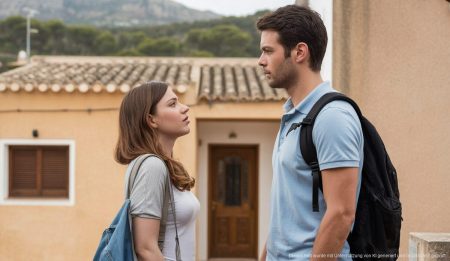 Wohnen auf Mallorca: mieten oder kaufen? Paar betrachtet ein Haus auf Mallorca, symbolisiert Dilemma zwischen Mieten und Kaufen