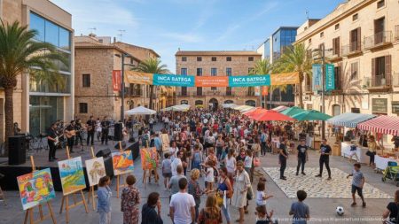 Lebendiger Stadtplatz in Inca mit Menschen bei kulturellen Aktivitäten, Marktständen und sportlichen Events, die die Vitalität der Stadt zeigen
