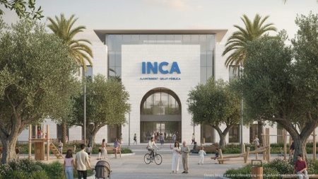 Inca tritt spanischem Netzwerk gesunder Städte bei Das Rathaus von Inca mit Bürgern in einem grünen Park, die gesunde Aktivitäten ausüben, symbolisiert den Beitritt zum spanischen Netzwerk gesunder Städte.