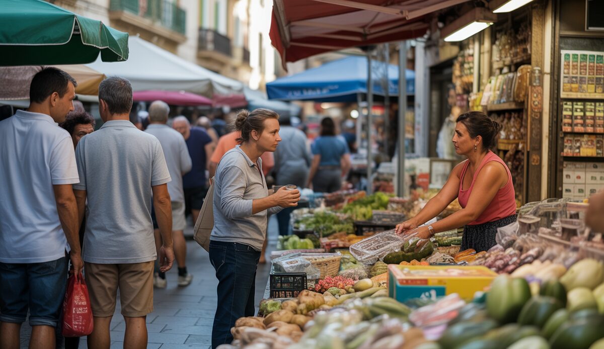 Marktszene in Palma de Mallorca mit frischen Produkten und Menschen bei Einkauf.