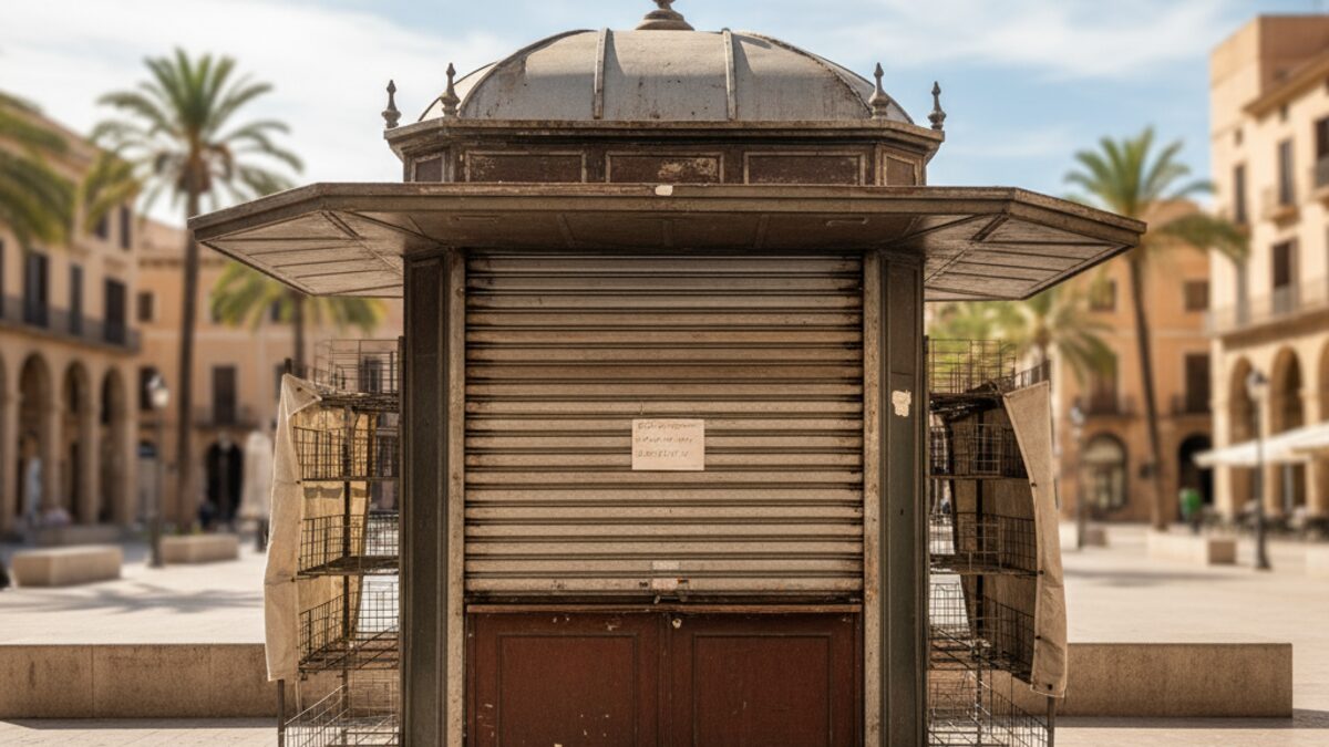 Geschlossener Zeitungskiosk auf einem zentralen Platz in Palma, der die bedrohte öffentliche Versorgung symbolisiert