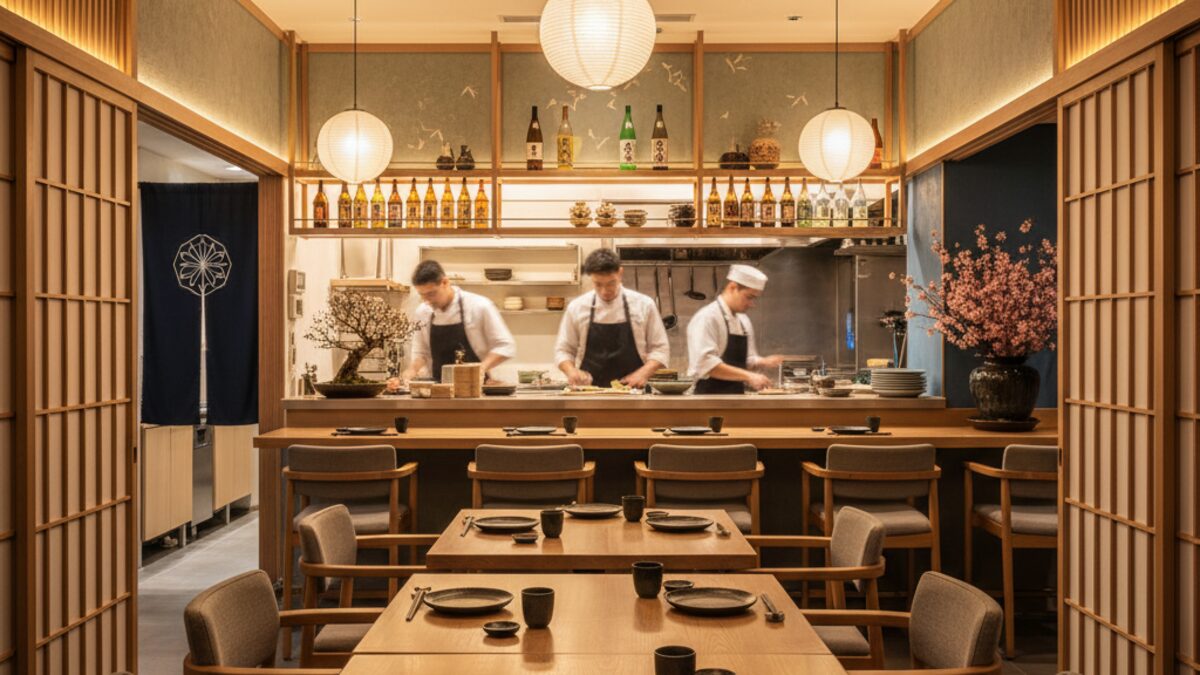 Elegantes Interieur des Izakaya Restaurants in Palma mit japanischem Design und stilvoll gedeckten Tischen