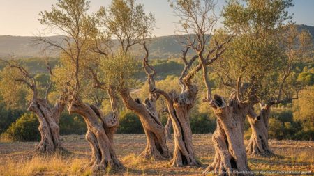 Künstlerische fotografische Darstellung von Bäumen auf Mallorca in einer mediterranen Landschaft bei goldenem Licht, inspiriert von Joan Fontcuberta