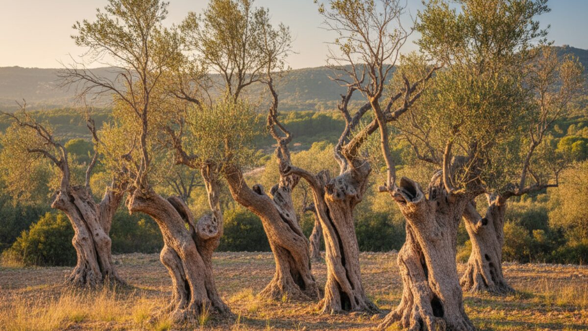 Künstlerische fotografische Darstellung von Bäumen auf Mallorca in einer mediterranen Landschaft bei goldenem Licht, inspiriert von Joan Fontcuberta