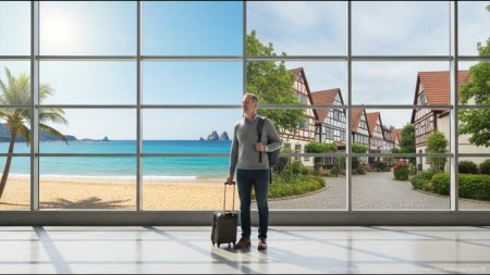 Jürgen Ortmann zieht nach geplatztem Mallorca-Traum zurück nach Deutschland Mittelalter Mann mit Koffer steht symbolisch zwischen Mallorca-Strandszene und deutschem Kleinstadt-Hintergrund, Rückkehr nach Deutschland nach geplatztem Mallorca-Traum