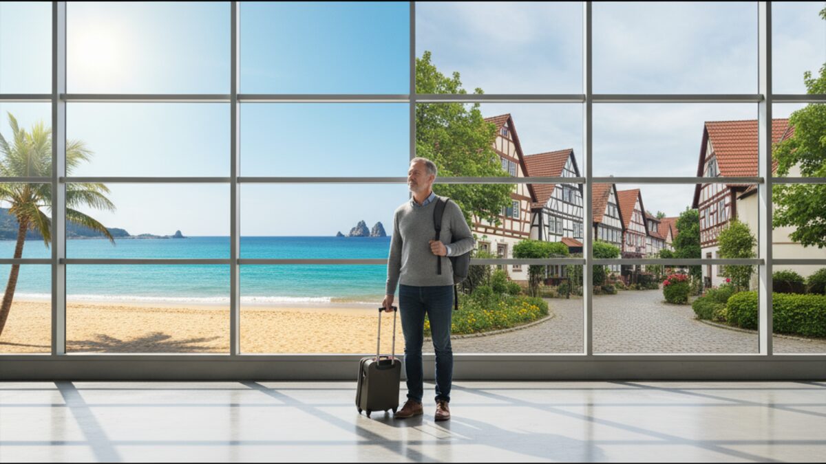 Mittelalter Mann mit Koffer steht symbolisch zwischen Mallorca-Strandszene und deutschem Kleinstadt-Hintergrund, Rückkehr nach Deutschland nach geplatztem Mallorca-Traum