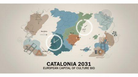 Katalonien plant eigene Zeitzone als politische Waffe Karte von Katalonien und den Balearen mit Uhrensymbolen, die unterschiedliche Zeitzonen zeigen, symbolisch für politische Debatte zur eigenen Zeitzone