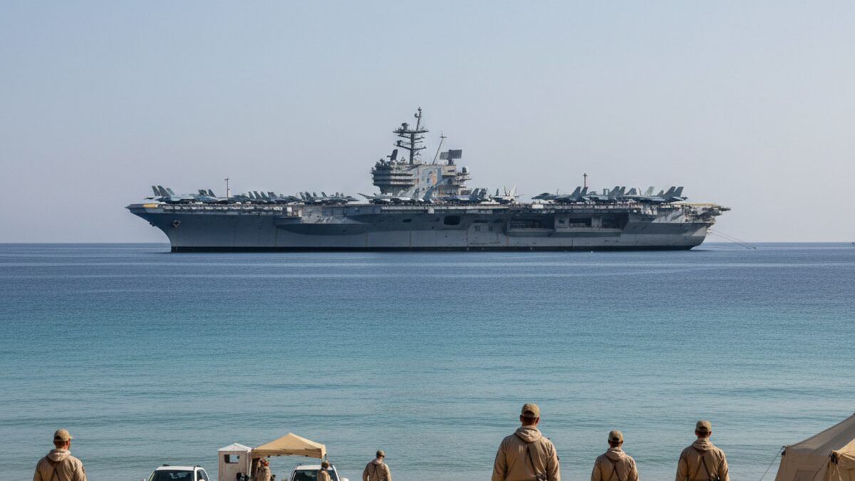 Bucht von Palma auf Mallorca mit einem US-Atomflugzeugträger und militärischem Umweltüberwachungsteam an einem sonnigen Tag
