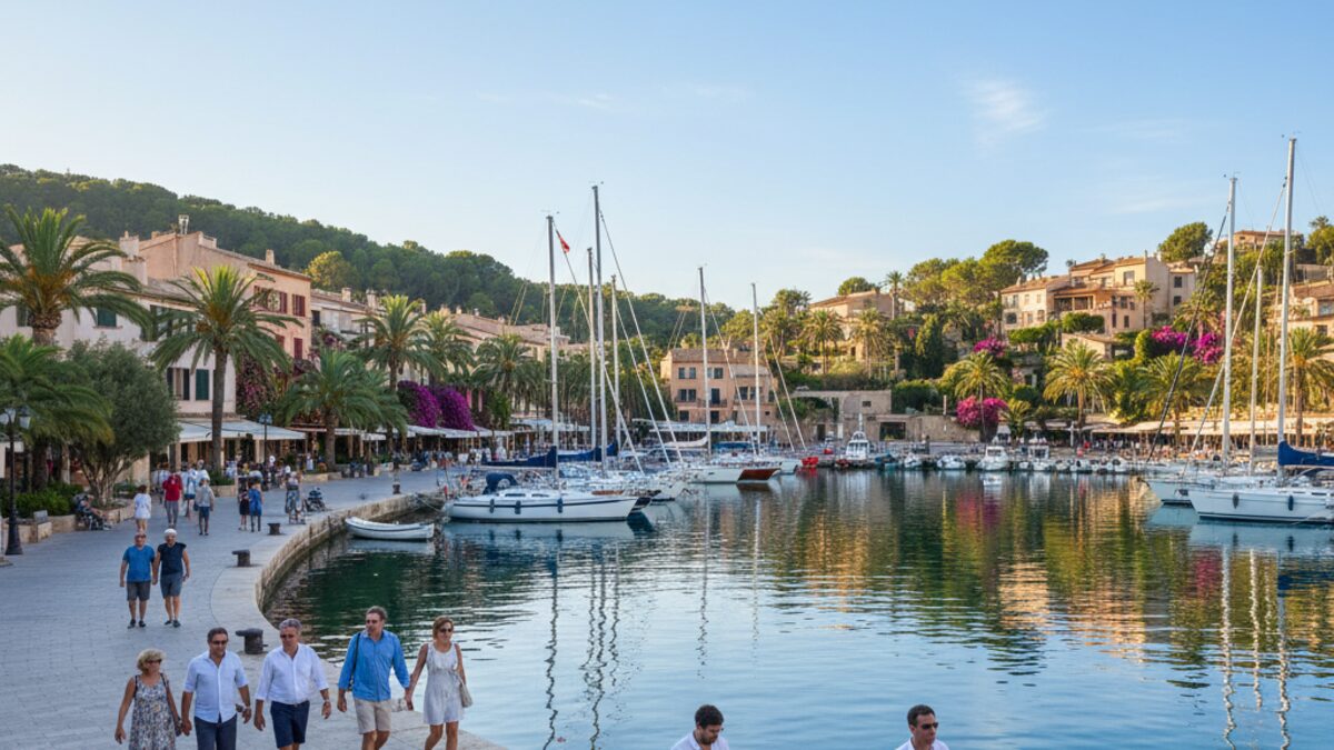 Port d'Andratx bei klarem Himmel und angenehmem Wetter mit ruhigem Hafen und Spaziergängern am Wasser