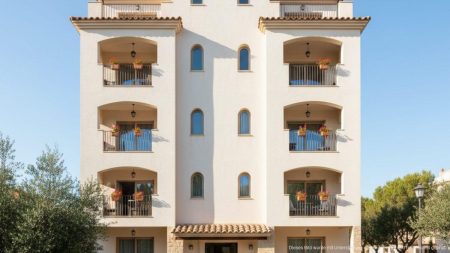 Modernes Apartmentgebäude auf Mallorca mit Hinweisschild zur offiziellen Registrierung von Ferienwohnungen, Symbol für Legalität und Regulierung im Tourismus