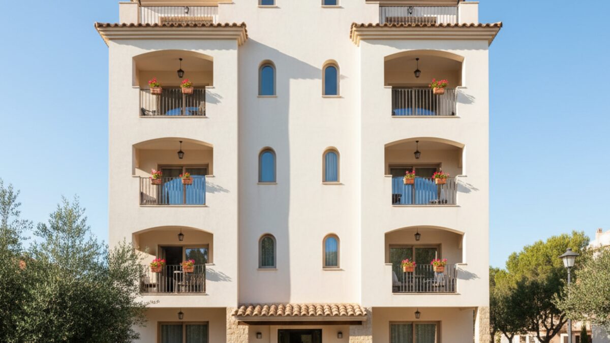 Modernes Apartmentgebäude auf Mallorca mit Hinweisschild zur offiziellen Registrierung von Ferienwohnungen, Symbol für Legalität und Regulierung im Tourismus