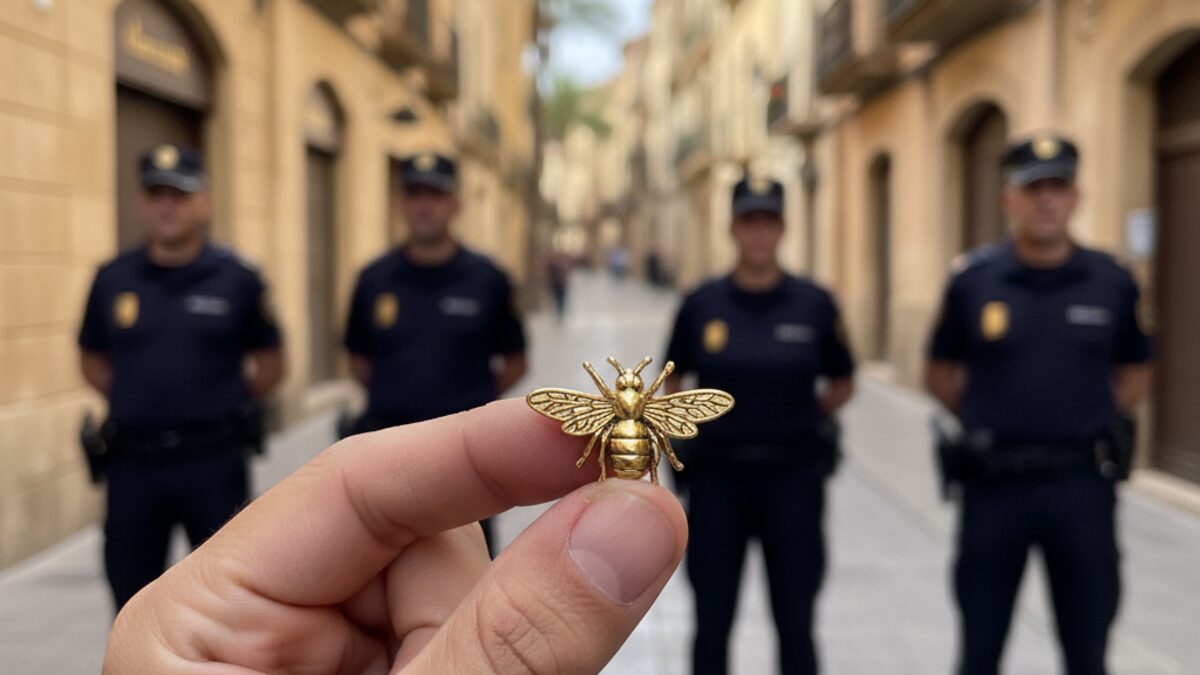 Hand hält ein goldenes Fleißbienchen Abzeichen vor einer mediterranen Straßenszene auf Mallorca mit Polizisten im Hintergrund