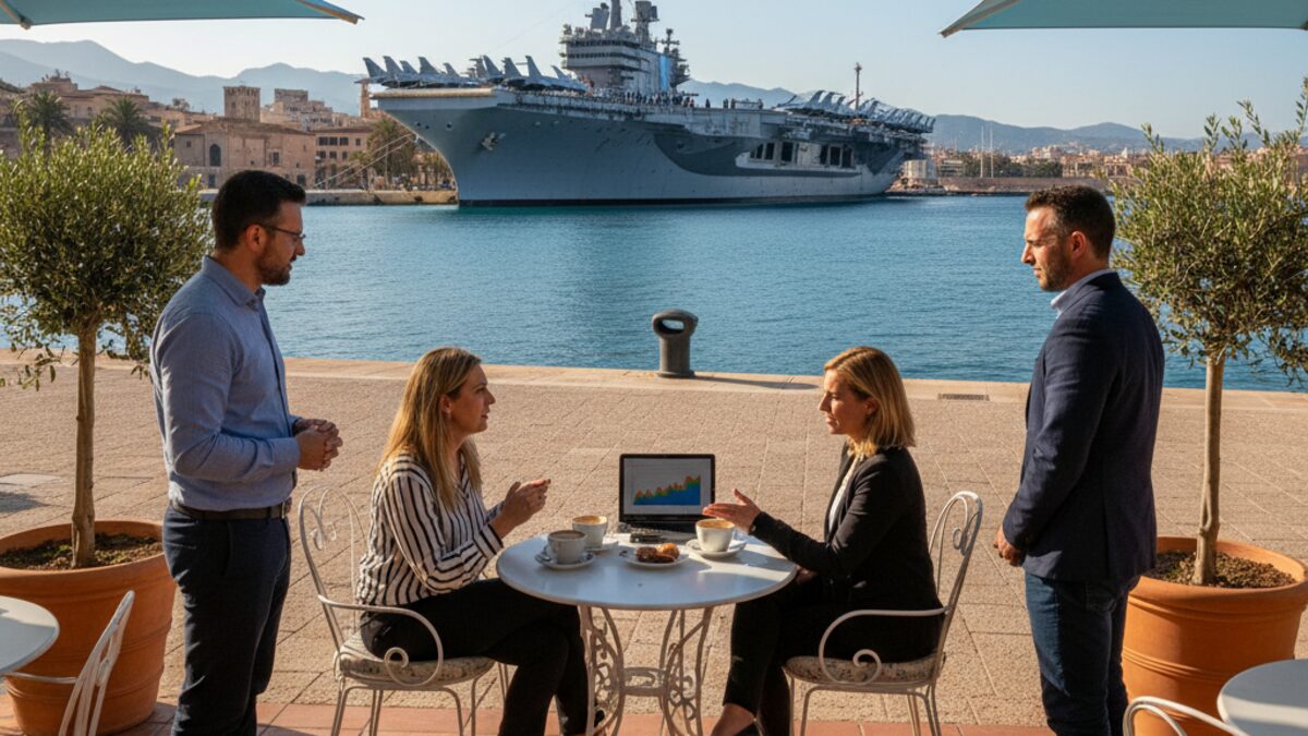 US-Flugzeugträger USS Gerald R. Ford in der Bucht von Palma de Mallorca mit einem Café im Vordergrund und leiser Debatte über Gastfreundschaft