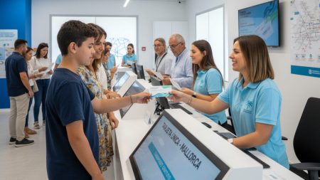 Kostenlose Tarjeta Única auf Mallorca ab sofort erhältlich Menschen beantragen die kostenlose Tarjeta Única in einem hellen Kundenbüro für öffentlichen Nahverkehr auf Mallorca