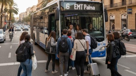 Kostenloser Bus in Palma führt zu Missbrauch und Überfüllung Überfüllter kostenloser Bus in Palma de Mallorca mit wartenden, vielfältigen Passagieren während der Hauptverkehrszeit