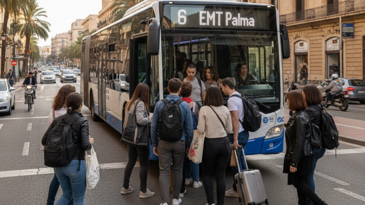 Überfüllter kostenloser Bus in Palma de Mallorca mit wartenden, vielfältigen Passagieren während der Hauptverkehrszeit