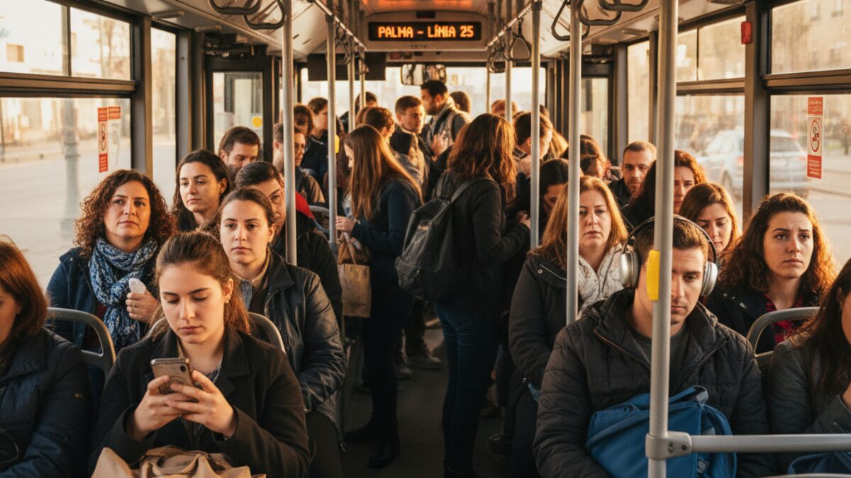 Überfüllter Stadtbus in Palma mit vielfältigen Fahrgästen und Alltagssituationen im kostenlosen Nahverkehr