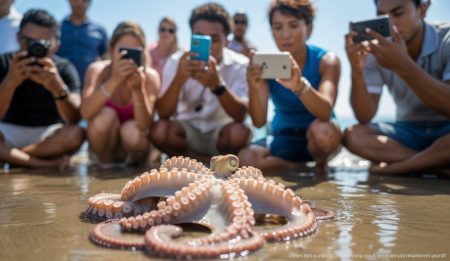 Sensationsfund auf Mallorca: Deutscher Urlauber trifft auf seltenen Kraken Großer Krake am Strand von Can Picafort, Mallorca mit Touristen