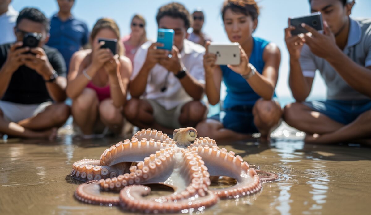 Großer Krake am Strand von Can Picafort, Mallorca mit Touristen