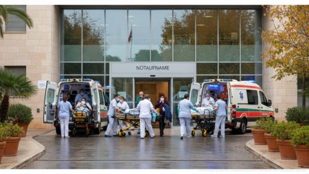 Überfüllter Krankenhauseingang auf Mallorca mit medizinischem Personal und Ambulanzfahrzeugen während des Anstiegs von Corona- und Grippefällen