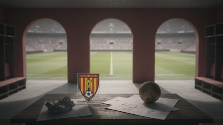 Leeres Fußballstadion mit einem Vereinsemblemen auf dem Tisch und taktischen Plänen symbolisiert die schwierige Lage des RCD Mallorca in der Liga