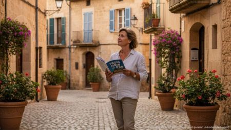 Person in mediterraner mallorquinischer straße mit einem buch über deutsche auswanderung auf mallorca