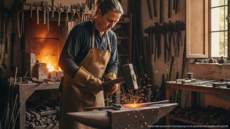 Traditionelle Schmiedewerkstatt auf Mallorca mit einem Handwerker, der am glühenden Eisen arbeitet