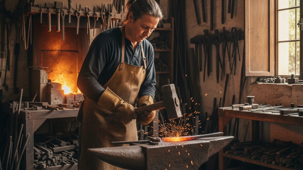 Traditionelle Schmiedewerkstatt auf Mallorca mit einem Handwerker, der am glühenden Eisen arbeitet