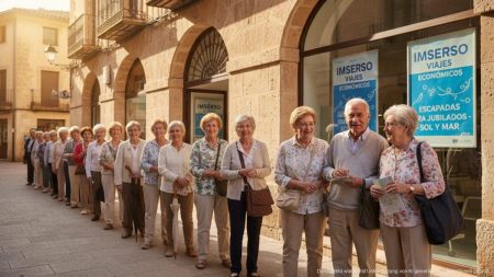 Senioren stehen in einer langen Schlange vor einem Reisebüro auf Mallorca, um Imserso-Reisepakete zu buchen