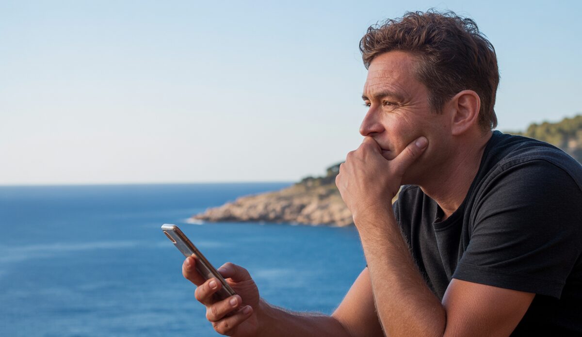 Eine Person blickt nachdenklich über das Mittelmeer an der Küste von Mallorca, während sie ein Smartphone hält.