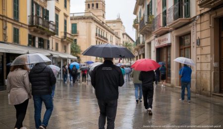 Mallorca erwartet leichten Regen und gemäßigte Temperaturen am 30. Oktober Regnerischer Tag in Mallorca mit Menschen und Regenschirmen in den historisch geprägten Straßen.