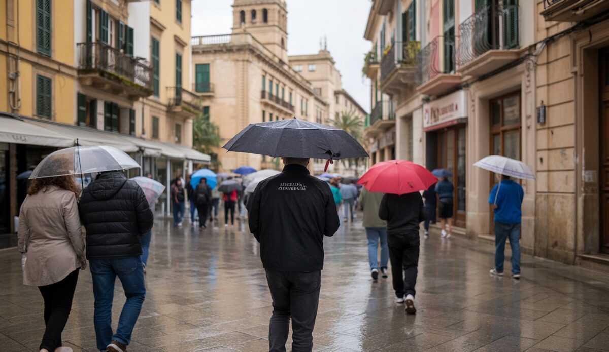 Mallorca erwartet leichten Regen und gemäßigte Temperaturen am 30. Oktober Regnerischer Tag in Mallorca mit Menschen und Regenschirmen in den historisch geprägten Straßen.