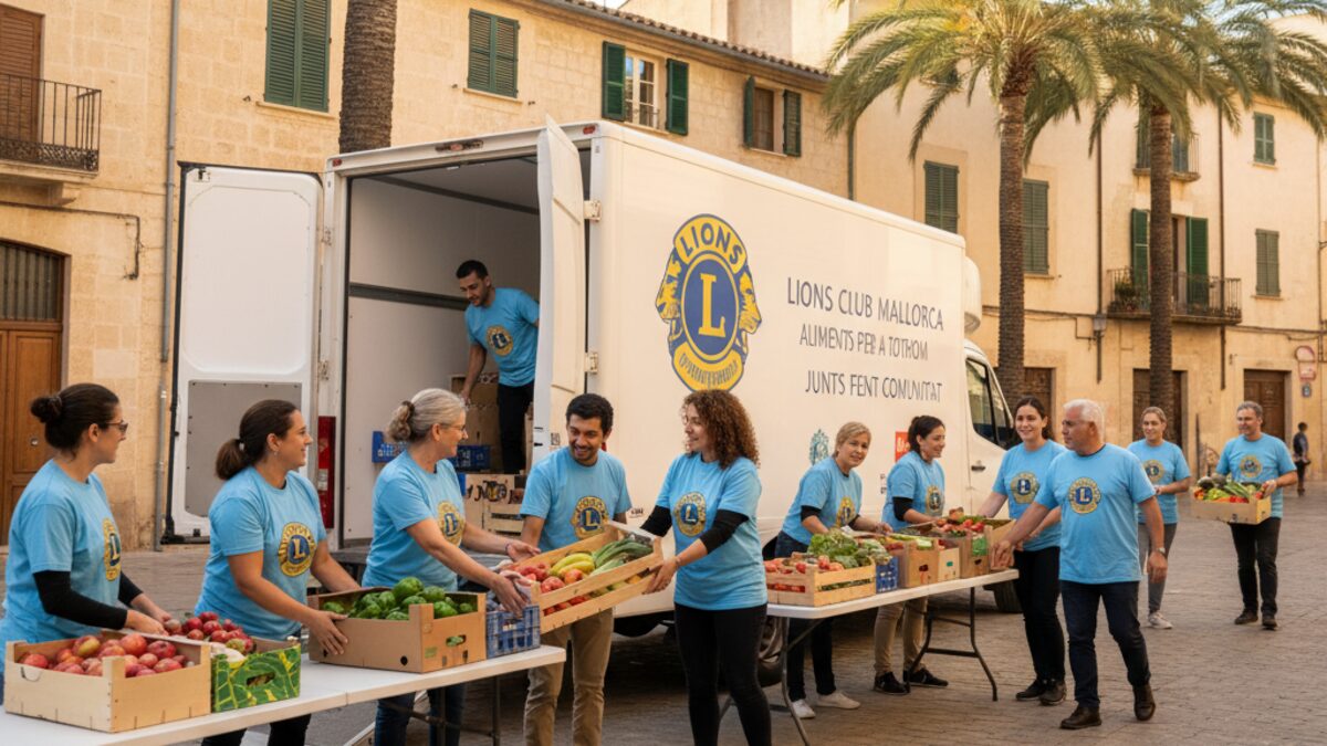 Refrigerated delivery van und diverse Freiwillige verteilen frische Lebensmittel auf Mallorca im Rahmen der Lions Club Essenslieferungen