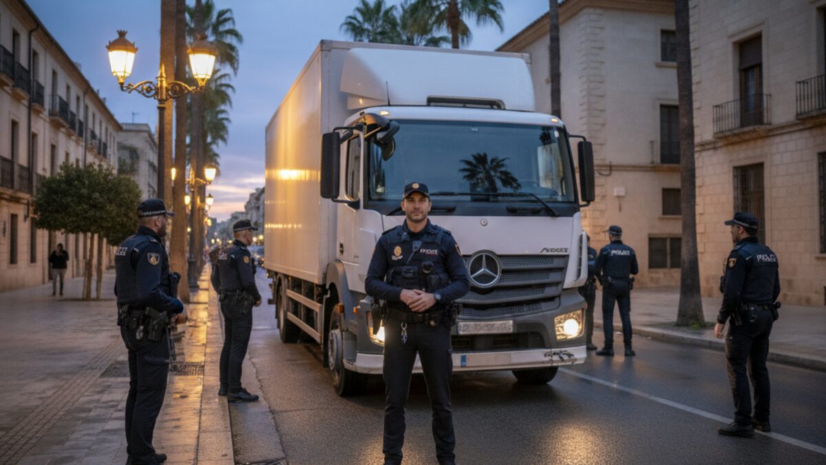 Polizeibeamte inspizieren einen Lkw auf einer Straße in Palma de Mallorca nach einer Festnahme wegen Trunkenheit am Steuer