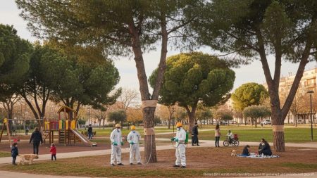 Arbeiter in Schutzkleidung behandeln Kiefern gegen Prozessionsspinner in einem öffentlichen Park von Llucmajor mit spielenden Kindern und Haustieren in der Nähe.