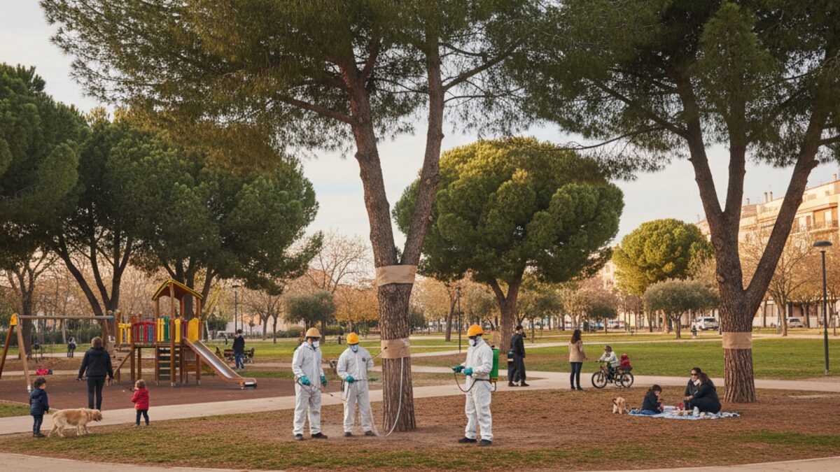 Arbeiter in Schutzkleidung behandeln Kiefern gegen Prozessionsspinner in einem öffentlichen Park von Llucmajor mit spielenden Kindern und Haustieren in der Nähe.
