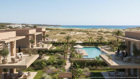 Moderne Wohnanlage Adelfas de Es Trenc mit großzügigen Terrassen, grünen Gärten und Blick auf den türkisblauen Strand von Es Trenc auf Mallorca