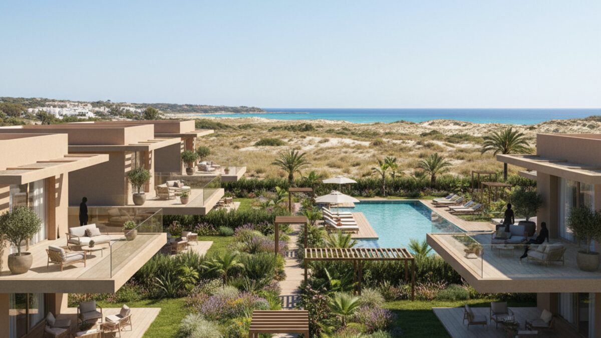 Moderne Wohnanlage Adelfas de Es Trenc mit großzügigen Terrassen, grünen Gärten und Blick auf den türkisblauen Strand von Es Trenc auf Mallorca
