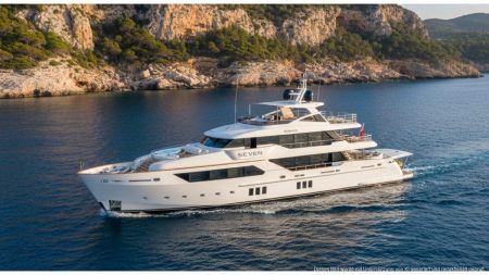 Luxuriöse Riva Yacht Seven segelt entlang der Küste von Mallorca bei sonnigem Wetter
