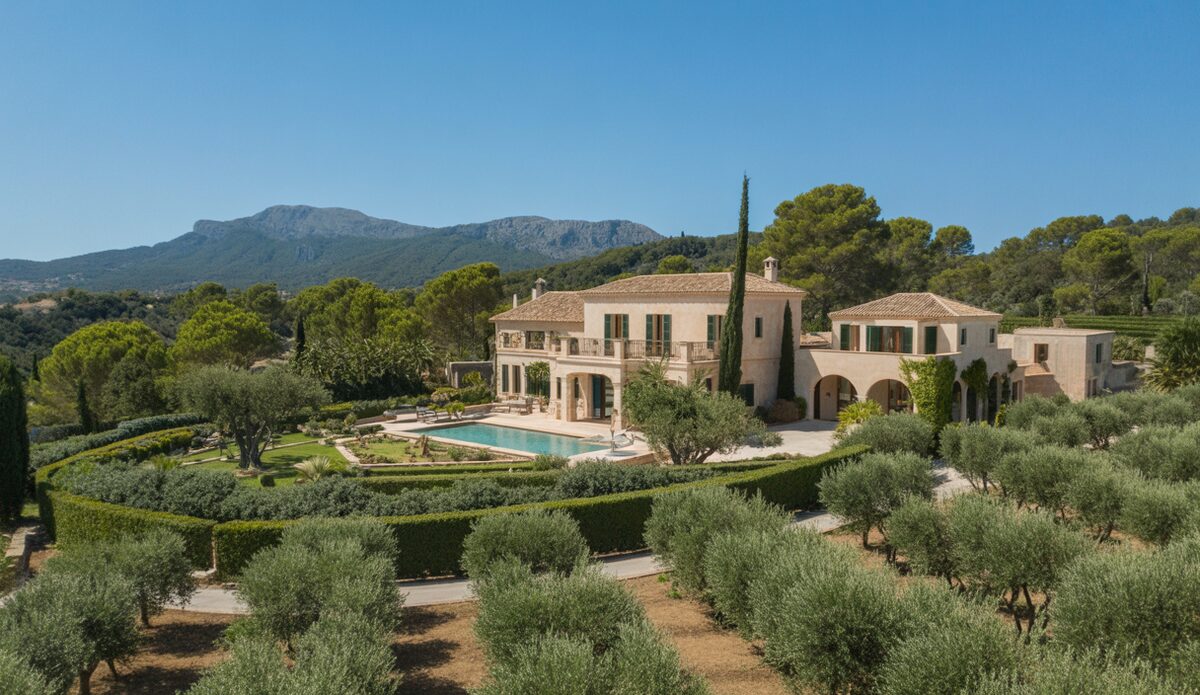 Luxuriöse Villa auf Mallorca inmitten malerischer Landschaften Luxusvilla auf Mallorca mit mediterranem Garten und Bergblick