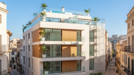Luxuswohnungen ersetzen ehemaliges Problemhaus in Palma Luxuriöses Wohngebäude im Bau in Palmas Camp d'en Serralta mit modernen Details und klaren Himmel, das ein renoviertes ehemaliges Problemhaus ersetzt