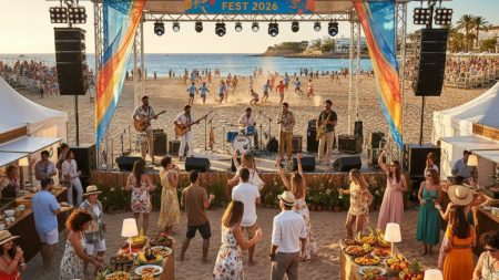Magalluf: Events und Kulturhighlights für 2025 und 2026 Lebendige Strandveranstaltung in Magalluf mit Live-Musik, kulinarischen Ständen und Beach-Rugby im Sommer 2025-2026