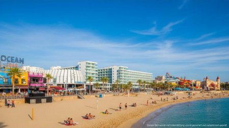 Panoramablick auf den Strand von Magalluf mit Hotels, einer lebhaften Strandpromenade und familienfreundlichen Attraktionen bei sonnigem Wetter