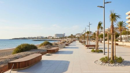 Magaluf Strandpromenade mit neuer Natursteinpflasterung, jungen Palmen und moderner Bank im Sonnenlicht während der Renovierungsarbeiten