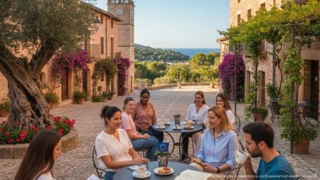 Plaza auf Mallorca mit Menschen und traditioneller Architektur